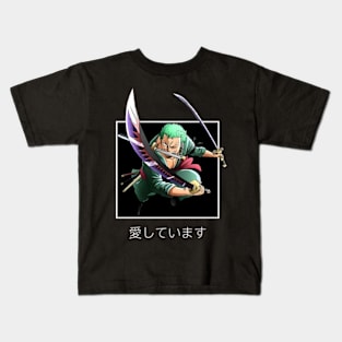 roronoa zoro with sword in action Kids T-Shirt